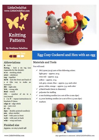 187 Knitting Pattern - Egg cozy Hen and Cockerel Rooster with eggs - Amigurumi - by Zabelina CP