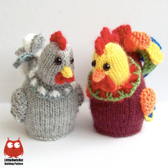 187 Knitting Pattern - Egg cozy Hen and Cockerel Rooster with eggs - Amigurumi - by Zabelina CP