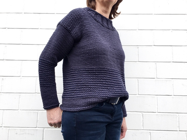 Strickanleitung, Blauer Pulli mit Streifen, (schnell und einfach) Gr. S, M, L, XL