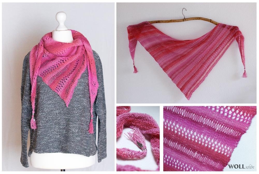 Pinkes, gestricktes Dreieckstuch mit Lochmuster auf einer Büste und aufgehängt; Detailaufnahmen zeigen Struktur und Quasten.