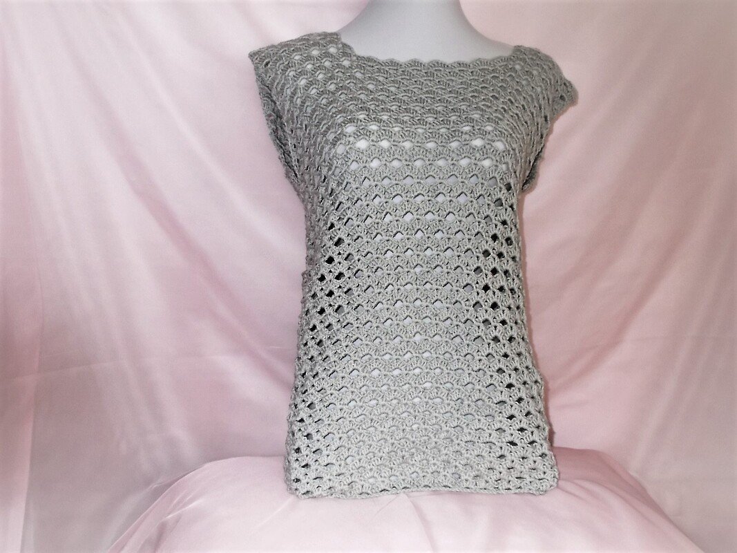 Häkelpulli - Häkelshirt mit Muschelmuster grau Größe 36 - 46 - Bild 2