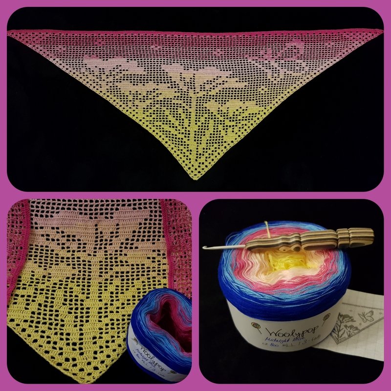 Dreieckstuch mit Filetmotiv in Gelb–Rosa–Pink und Verlaufsgarn