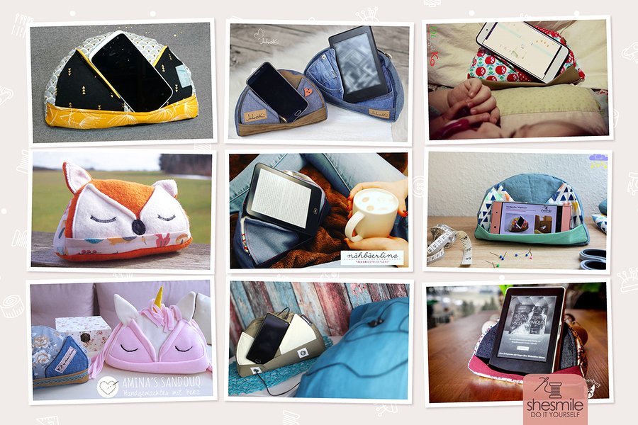 Neun genähte Stoff-Kissenständer für Smartphone und Tablet in verschiedenen Mustern und Farben