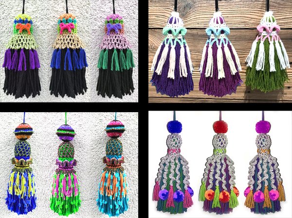 Bunte, gehäkelte Troddeln und Quasten mit Fransen, Bommeln und Schleifen in verschiedenen Farben und Formen.