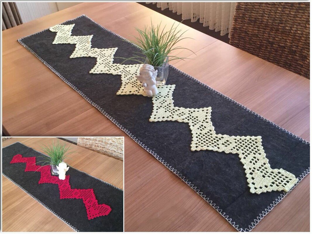 Detail: Zickzack-Häkelstreifen aus quadratischen Motiven auf dunklem Filz-Tischläufer