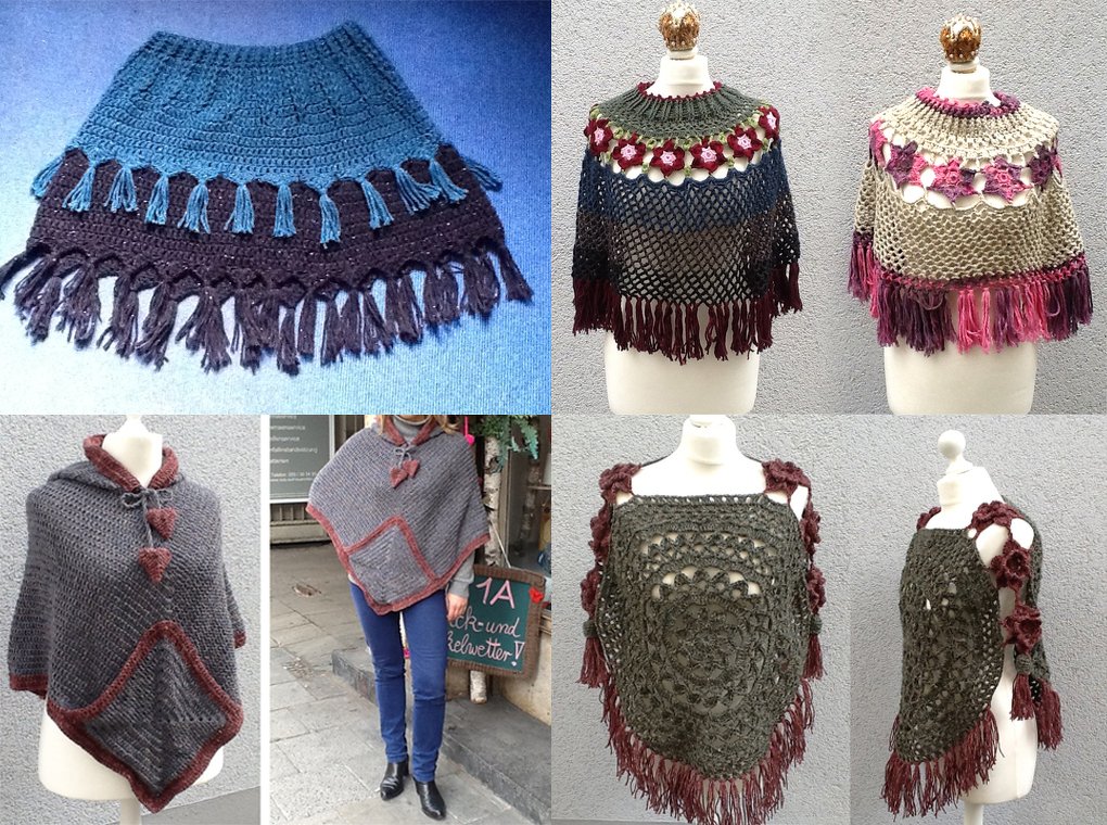 Sechs handgehäkelte Damenponchos in verschiedenen Mustern, Farben und Schnitten mit Fransen, Blumenapplikationen und Kapuze.