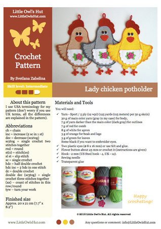 067 Crochet Pattern - Lady Chicken Potholder or decor  - Amigurumi PDF file by Zabelina CP