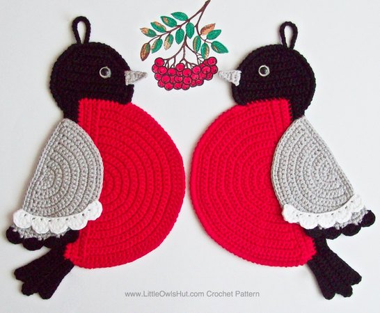 030 Crochet Pattern - Bullfinch Potholder or decor  - Amigurumi PDF file by Zabelina CP
