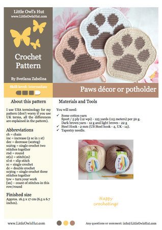 052 Crochet Pattern -  Paw Potholder or decor  - Amigurumi PDF file by Zabelina CP