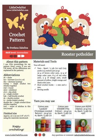 128 Crochet Pattern - Rooster Potholder or decor  - Amigurumi PDF file by Zabelina CP