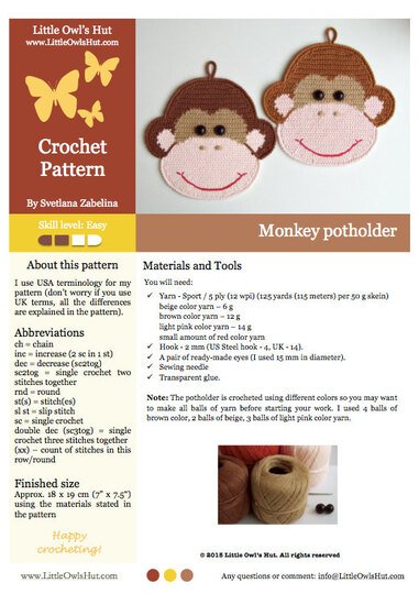 080 Crochet Pattern - Monkey Potholder or decor  - Amigurumi PDF file by Zabelina CP