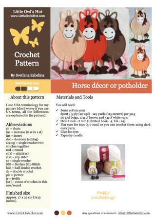 046 Crochet Pattern - Horse Potholder or decor  - Amigurumi PDF file by Zabelina CP