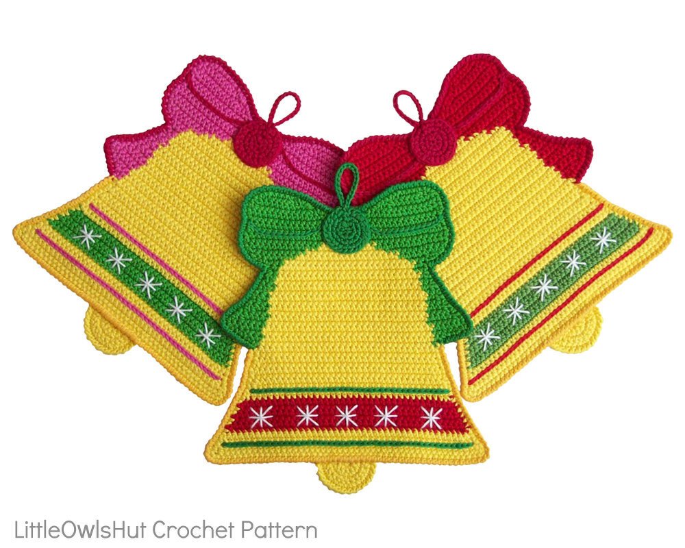Three yellow crocheted bell potholders with red, green and pink bows and white star stitches.