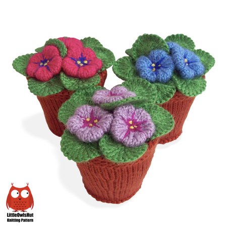 189 Knitting Pattern - Violets flowers in pots. Window, home decoration - by Zabelina CP