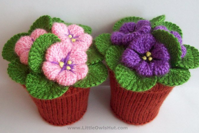 189 Knitting Pattern - Violets flowers in pots. Window, home decoration - by Zabelina CP