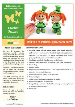183 Crochet Pattern - Girl Doll in a St Patrick Leprechaun outfit - Amigurumi PDF file by Stelmakhova CP