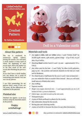 125 Crochet Pattern - Girl doll in a Valentine outfit - Amigurumi PDF file by Stelmakhova CP