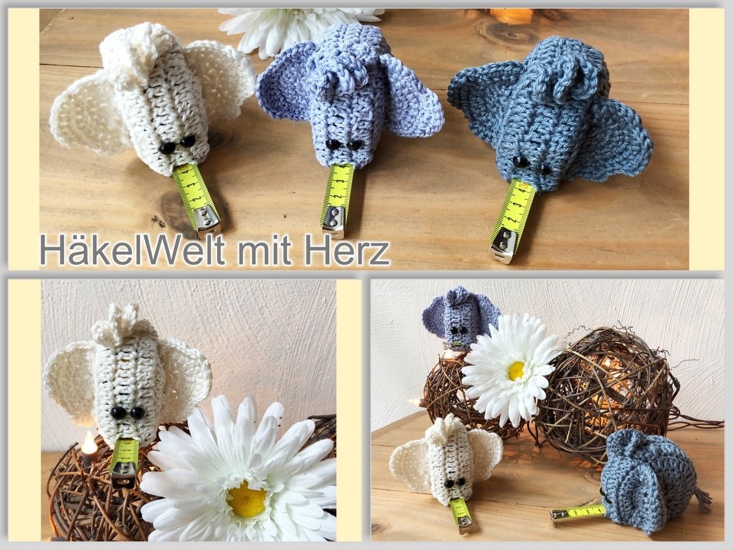 Drei gehäkelte Elefanten in Creme, Hellblau und Grau mit herausgezogenem Maßband