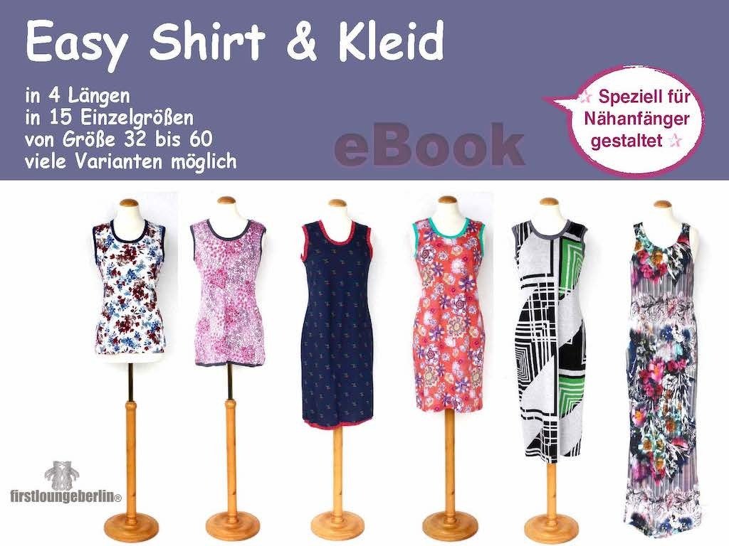 Werbebanner 'Easy Shirt & Kleid' über sechs Schaufensterpuppen mit ärmellosen Shirts und Kleidern in floralen und geometrischen Mustern; Hinweis auf Größen 32–60 und 4 Längen.