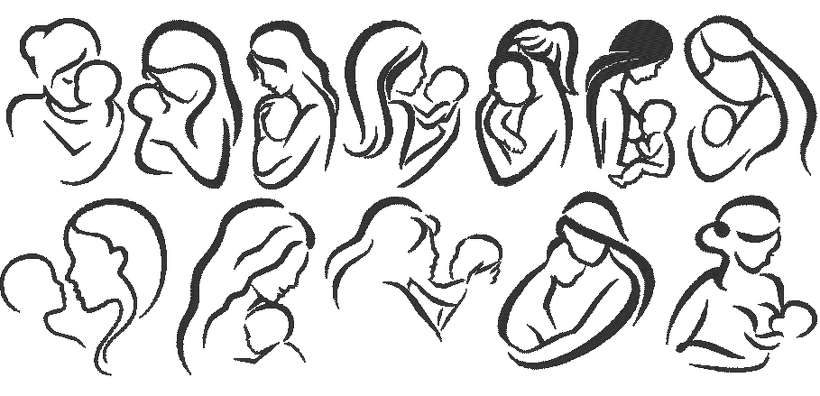Schwarz-weiße, linienhafte Silhouetten von Müttern mit Babys als Stickmotive.