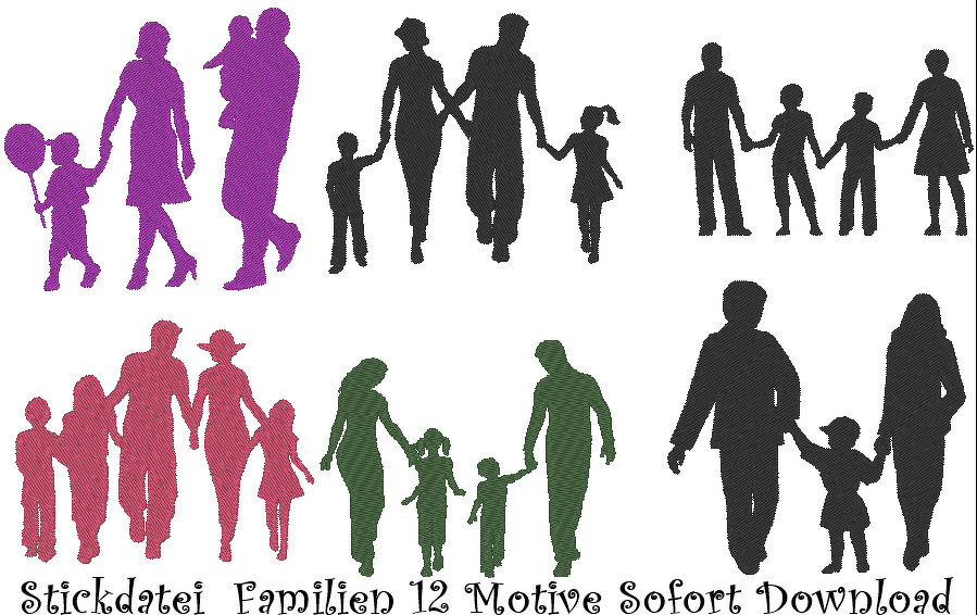Stickdatei Familien 12 Motive in 5 Größen Silhouetten