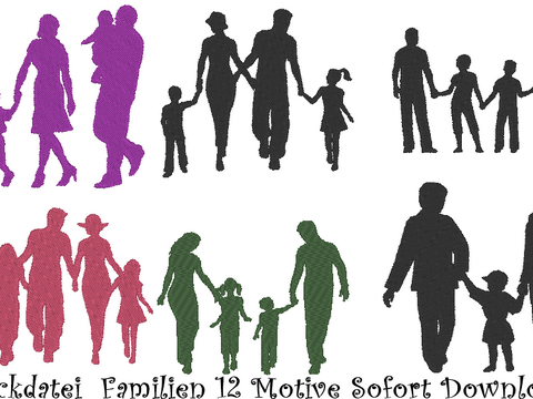 Stickdatei Familien 12 Motive in 5 Größen Silhouetten