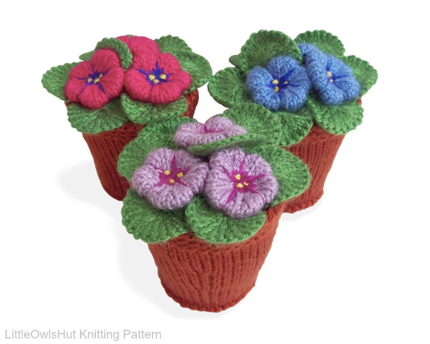 189 Knitting Pattern - Violets flowers in pots. Window, home decoration - Amigurumi PDF file by Zabelina CP