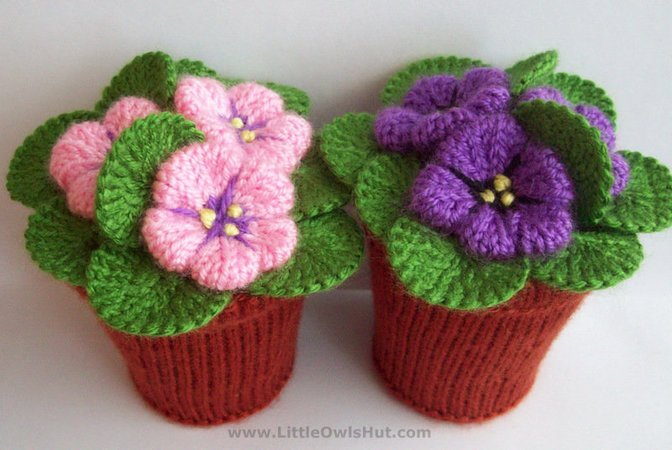 189 Knitting Pattern - Violets flowers in pots. Window, home decoration - Amigurumi PDF file by Zabelina CP