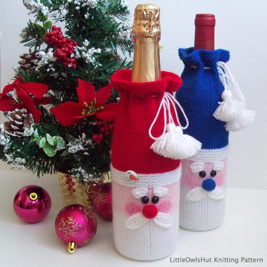 152 Knitting Pattern - Santa bottle covers for wine and champagne - Amigurumi PDF file by Zabelina
