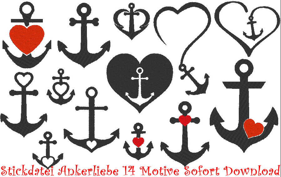 Verschiedene maritime Anker- und Herzmotive in Schwarz mit roten Herzakzenten, 14 Designs