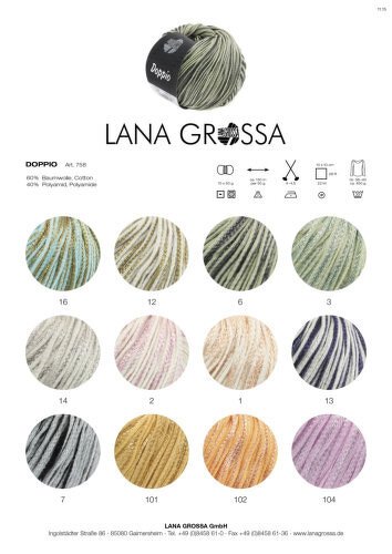 Farbkarte des Doppio-Garns mit einem Knäuel und zwölf Farbmustern; Material: 60% Baumwolle, 40% Polyamid.