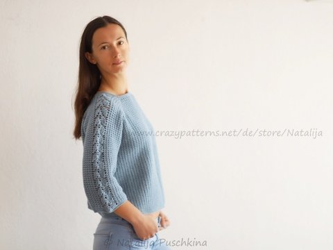 Pullover mit 3/4 Ärmeln in Größen S, M, L - Anleitung mit Häkelschrift