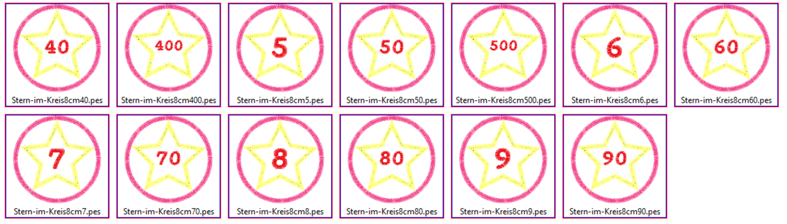 Stickdatei Stern im Kreis in 5 Größen mit Zahlen