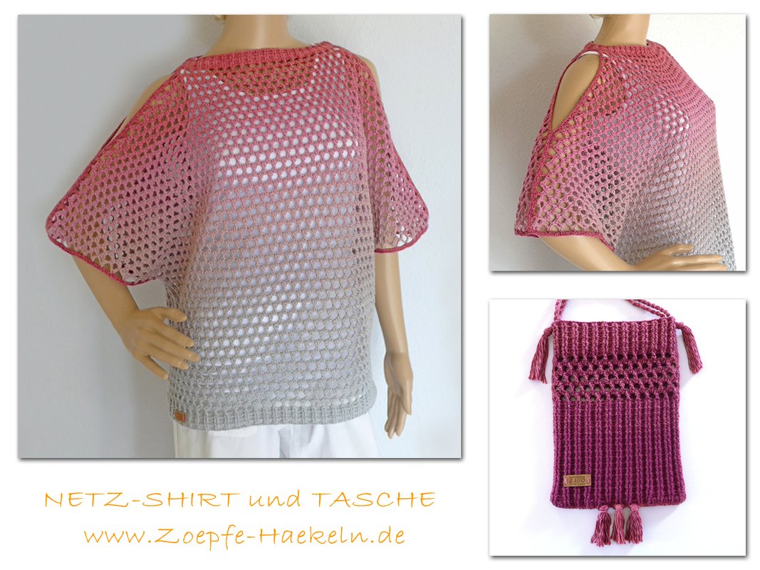 Gehäkeltes Netzshirt mit Farbverlauf rosa zu grau auf Schaufensterpuppe und passende kleine gehäkelte Tasche mit Quasten