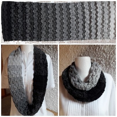 Gestrickter Loop-Schal mit strukturierter Oberfläche und Grau-Schwarz-Ombré, in zwei Tragevarianten präsentiert