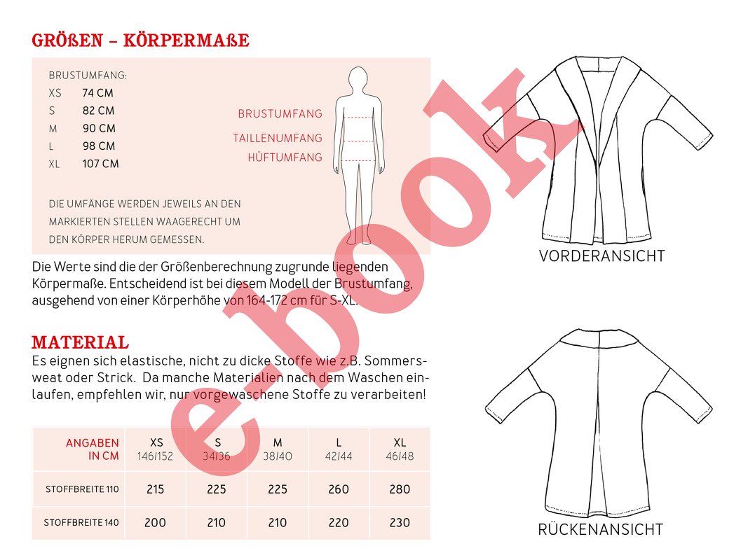 Technische Zeichnungen einer Damenjacke mit Schalkragen, Größentabelle und Stoffverbrauch