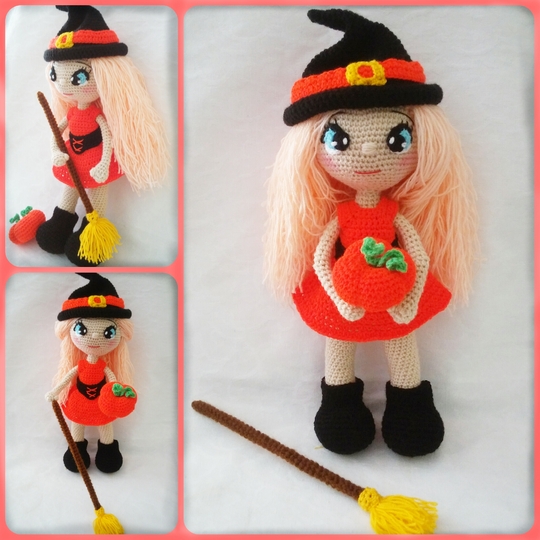 Crochet pattern of Annie, the little witch PDF english-deutsch-dutch doll XL