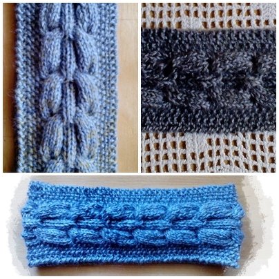 Drei Varianten von gestrickten Stirnbändern mit Details der Zopfstruktur und Randkanten
