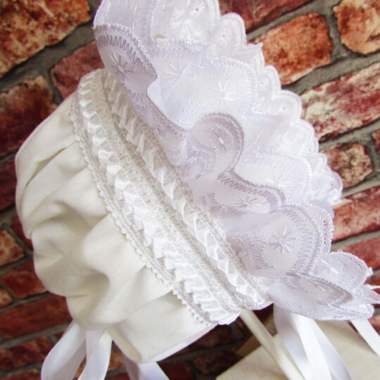 Bonnet with frills for girls, boys, toddler, children, christening luxury, bonnet baptism. Seven sizes.