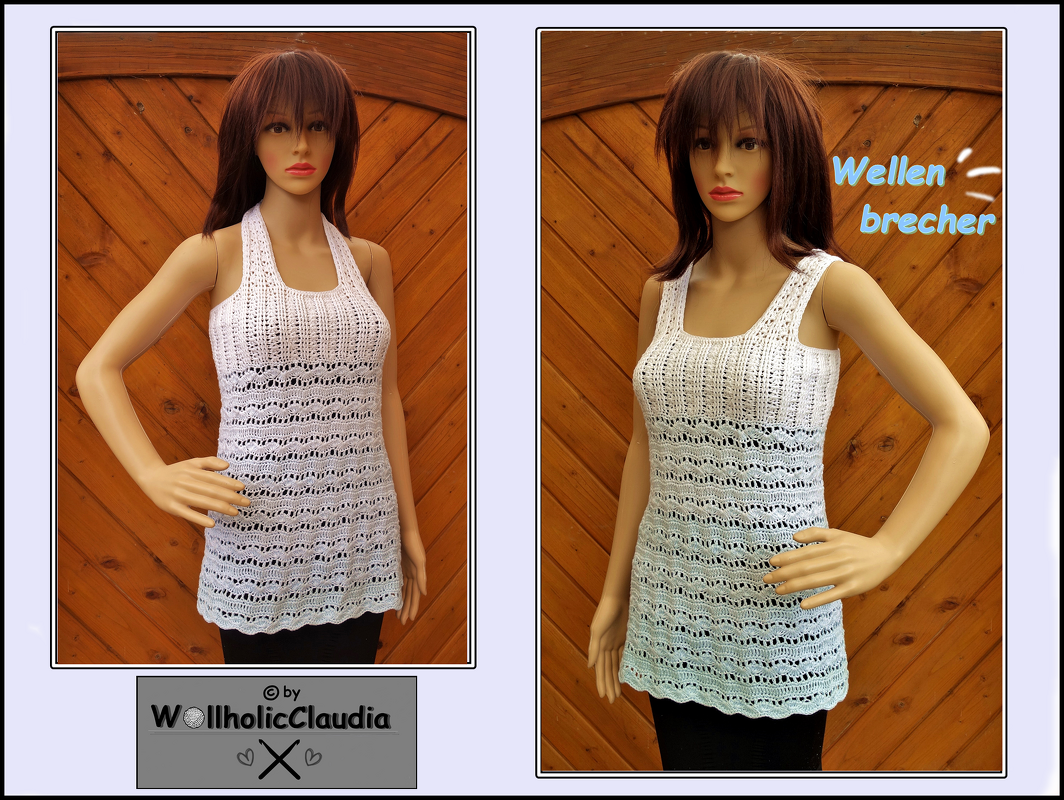 Mannequins tragen gehäkelte Damen-Oberteile im Ombré-Look mit Wellen-Ajourmuster in Halterneck- und Tank-Top-Stil
