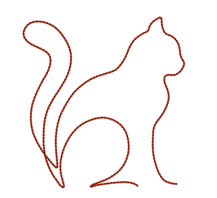 Roter, gepunkteter Umriss einer sitzenden Katze auf weißem Hintergrund