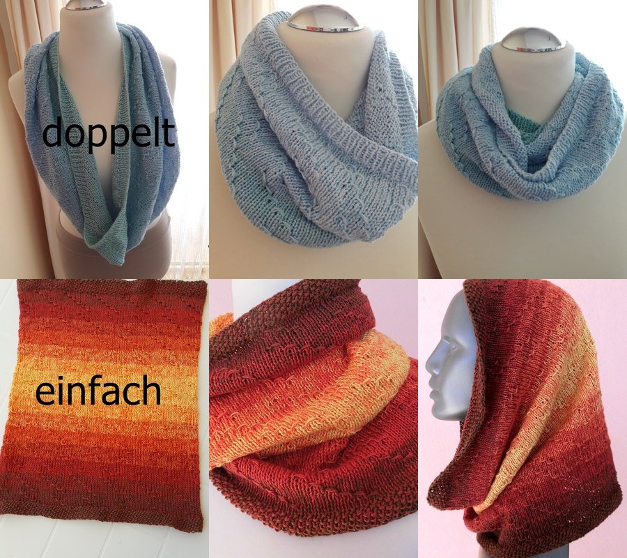 Sechsteilige Collage zweier gestrickter Loop-Schals in Hellblau und Rot-Orange, Varianten doppelt gewickelt und einfach getragen