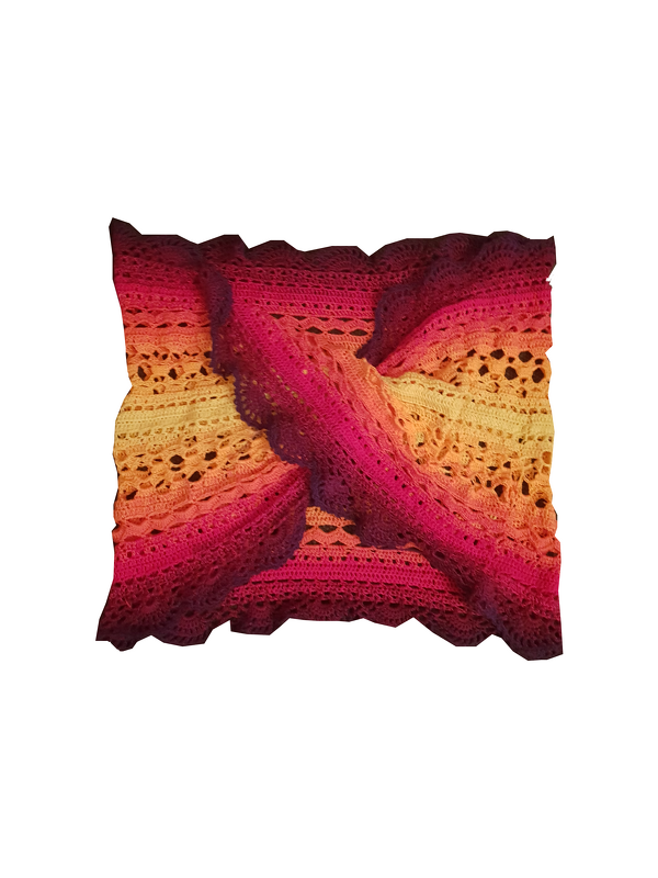 Ombre crochet loop scarf in yellow, orange, pink and plum with openwork panels and scalloped edge.