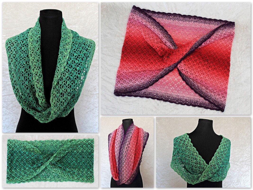 Green openwork crochet infinity cowl and pink-to-purple gradient crochet infinity cowl shown flat and draped on a black mannequin.