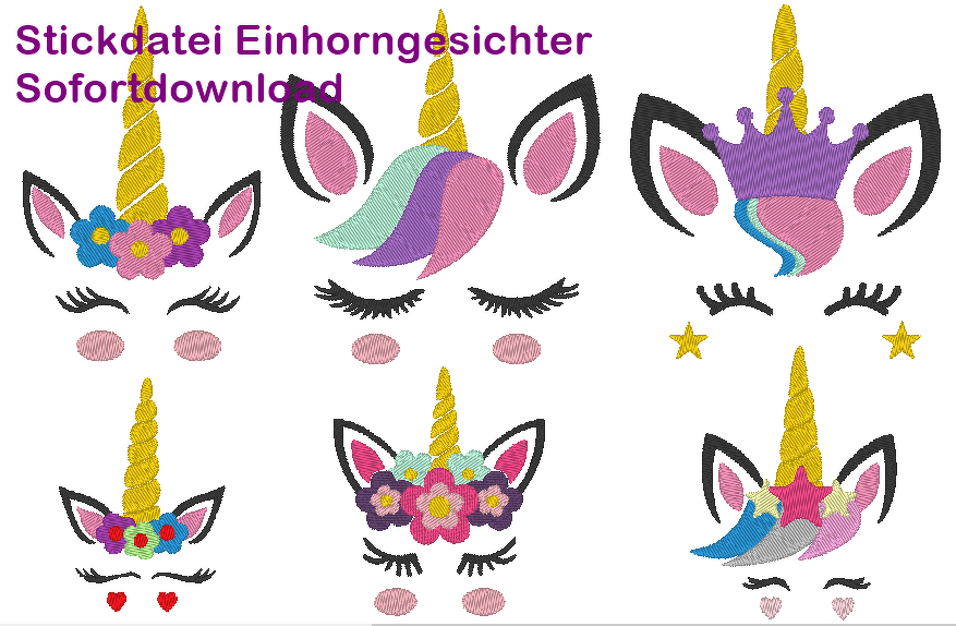 Stickdatei Einhorn Gesichter