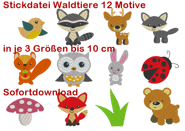 Stickdatei kleine Waldtiere bis 10 cm