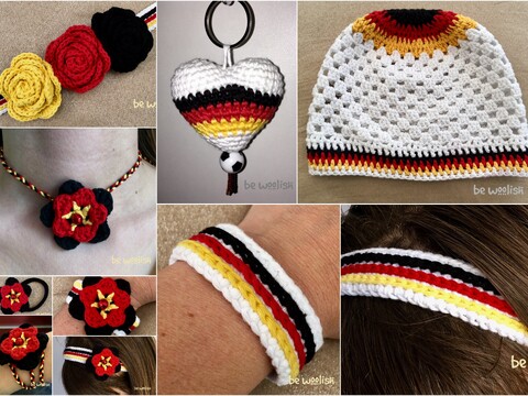 WM - Komplettset Deutschland / Fan - Häkelanleitung - Haarband, Armband, Beanie, Fußballherz uvm.