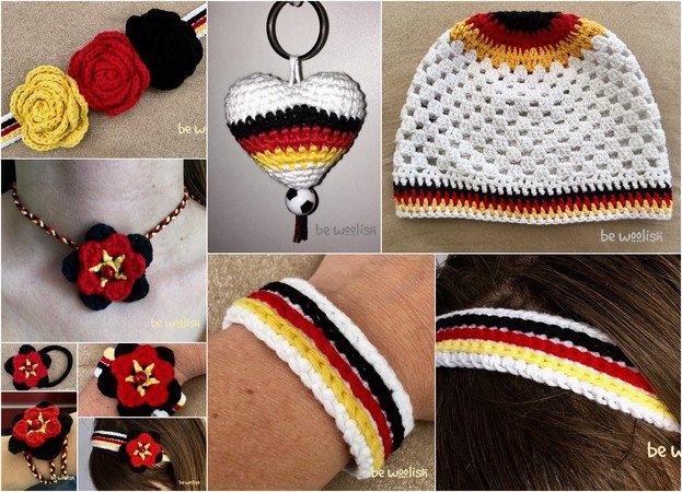 WM - Komplettset Deutschland / Fan - Häkelanleitung - Haarband, Armband, Beanie, Fußballherz uvm.