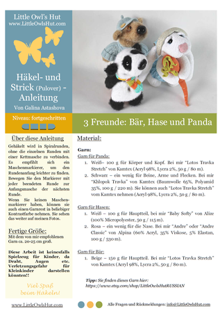 056DE Häkelanleitung - 3 Freunde: Bär, Hase und Panda Amigurumi PDF Astashova CP