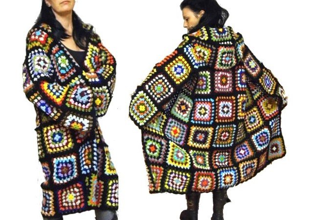 crochet paTTern *oversiZed multicolor reTro COAT with HOOD* us-english, crochet coat